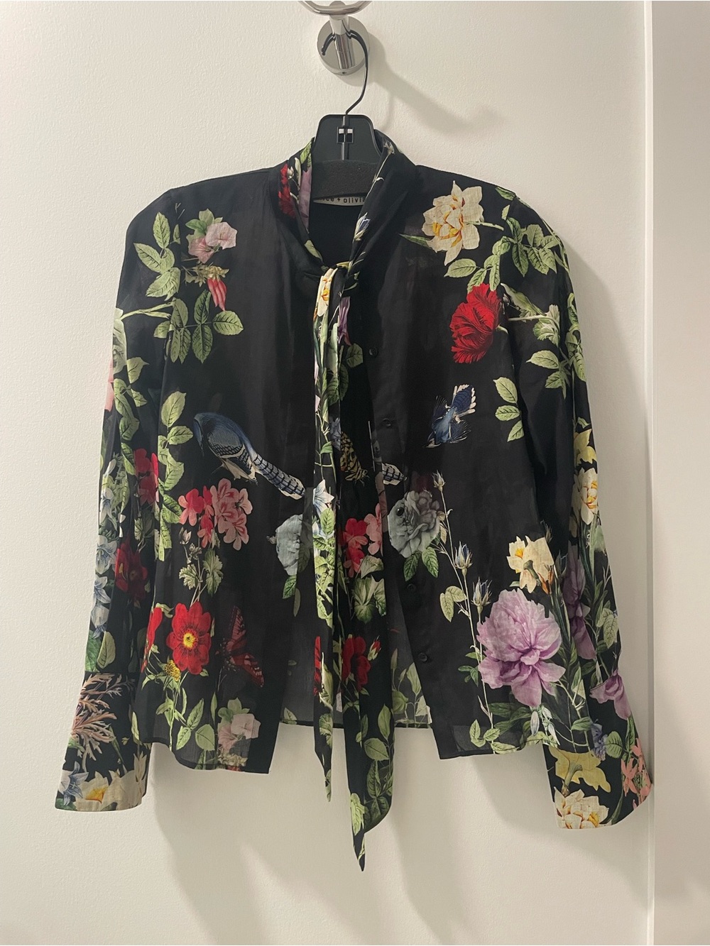 Alice and Olivia Floral Tie-Neck black shirt top